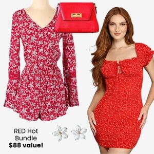 Red Bundle - Hollister Romper, Crossbody Purse, Flower Earrings, Smocked Dress